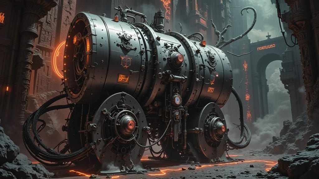 Mystical Temple Machine Malfunction in Synthwave Style