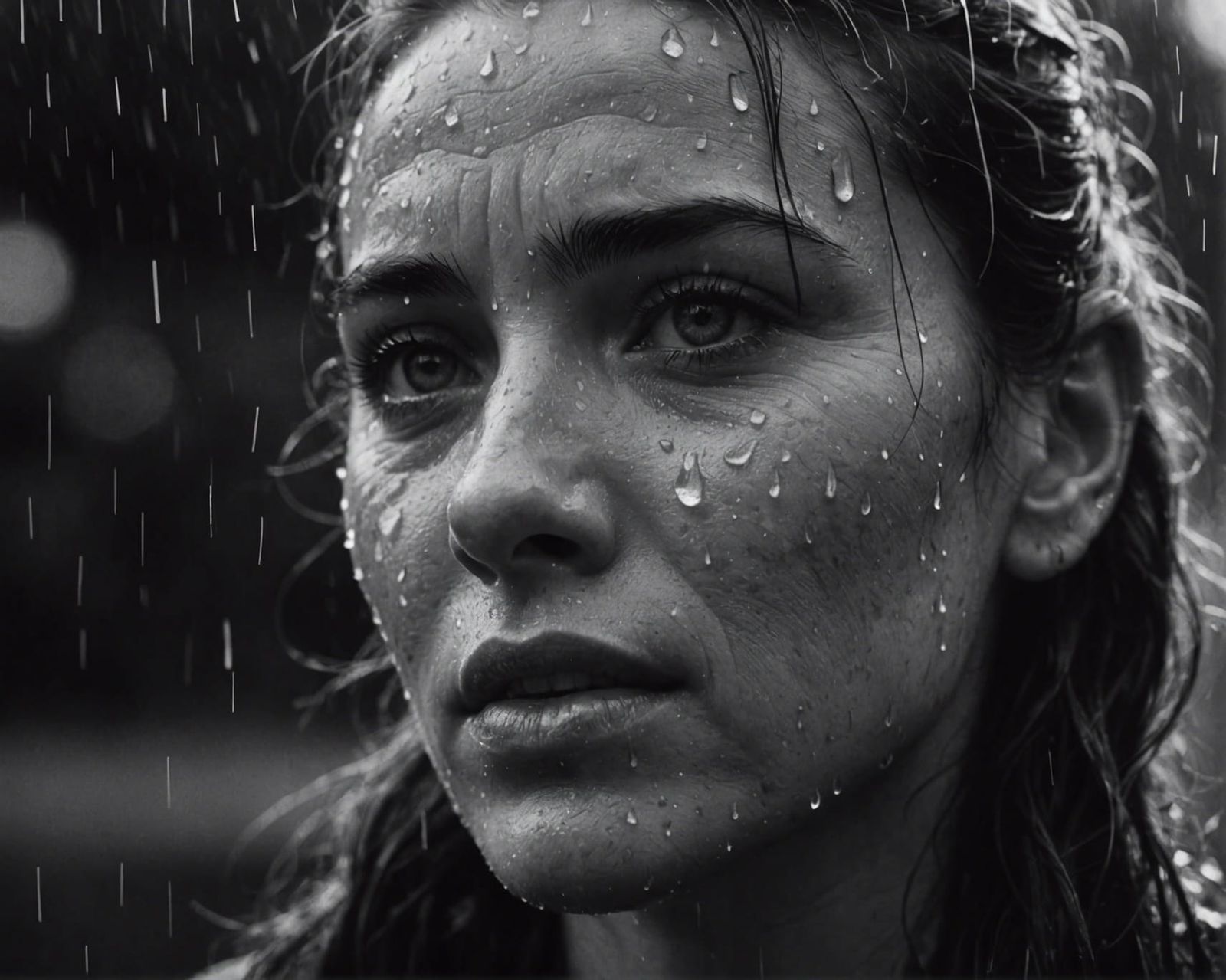 Hyperrealistic Tears of Rain Portrait in Black and White