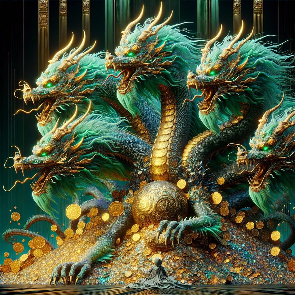 Five headed green dragon laying down on a pile of gold
