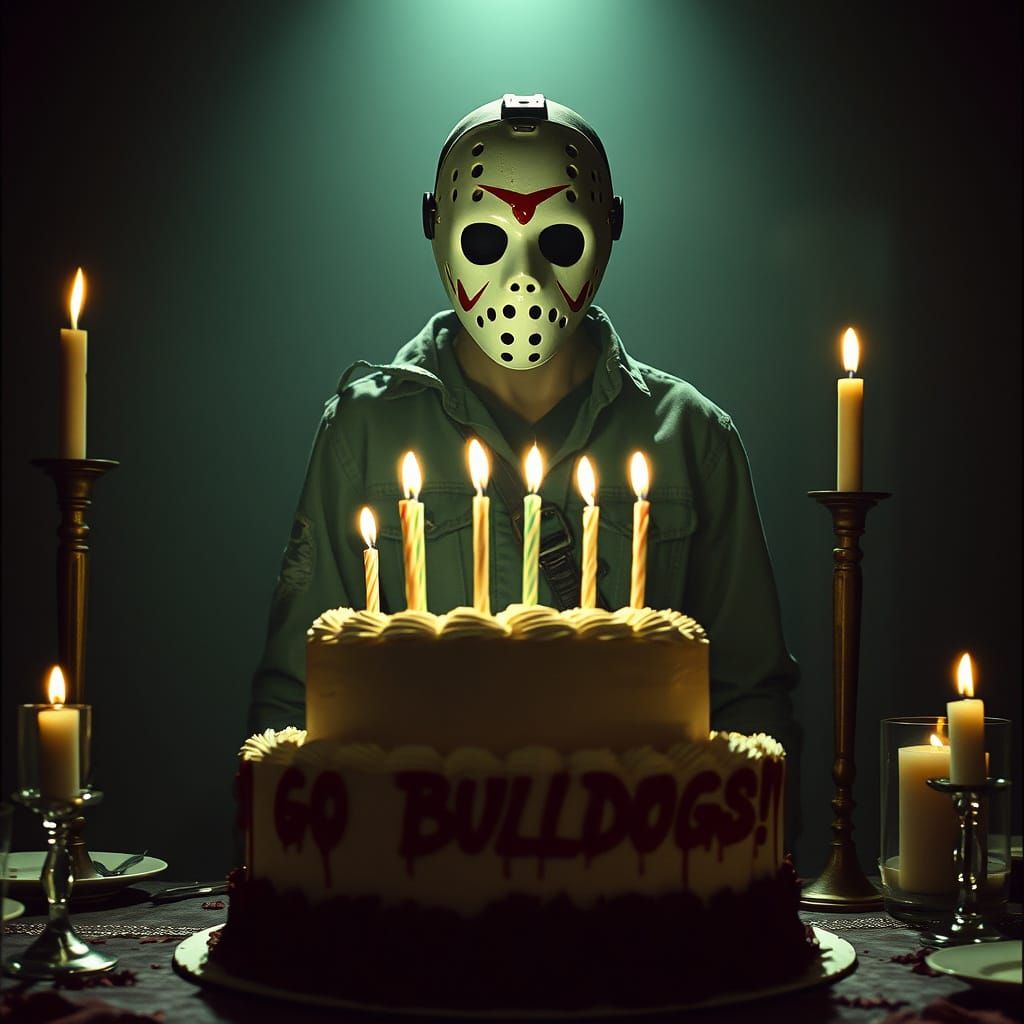 Eerie Hockey Mask Figure at Candlelit Party