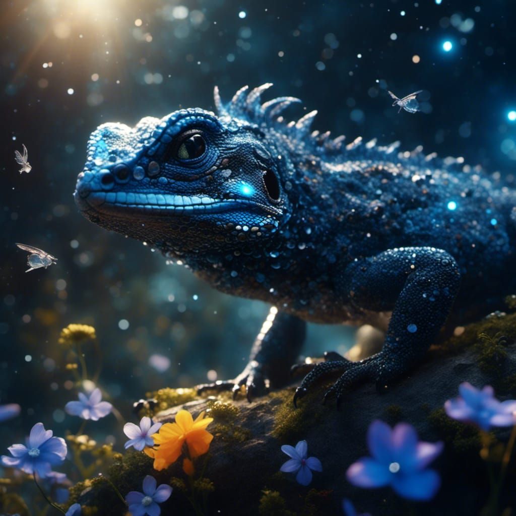 Mystic Lizard with Crystals and Flowers