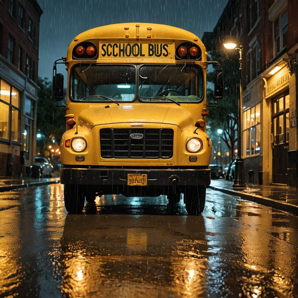 Surreal School Bus with Tiffany Lamp in Rain