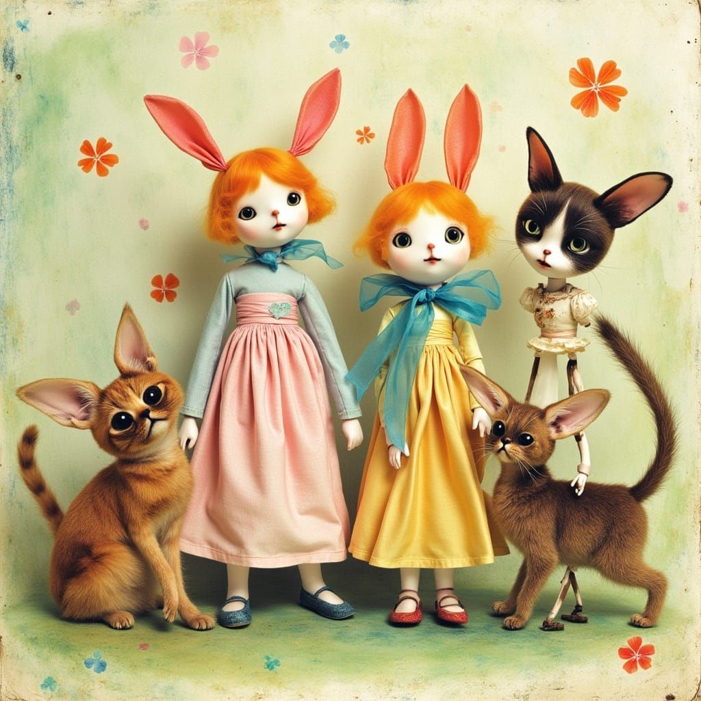 Childlike Family Portrait with Pets, Naive Art Style