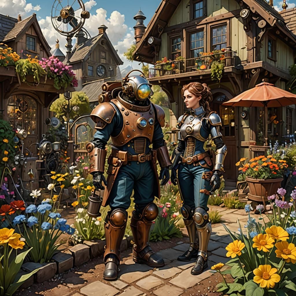 Steampunk Garden with Arguing Couple, Hyperdetailed Art