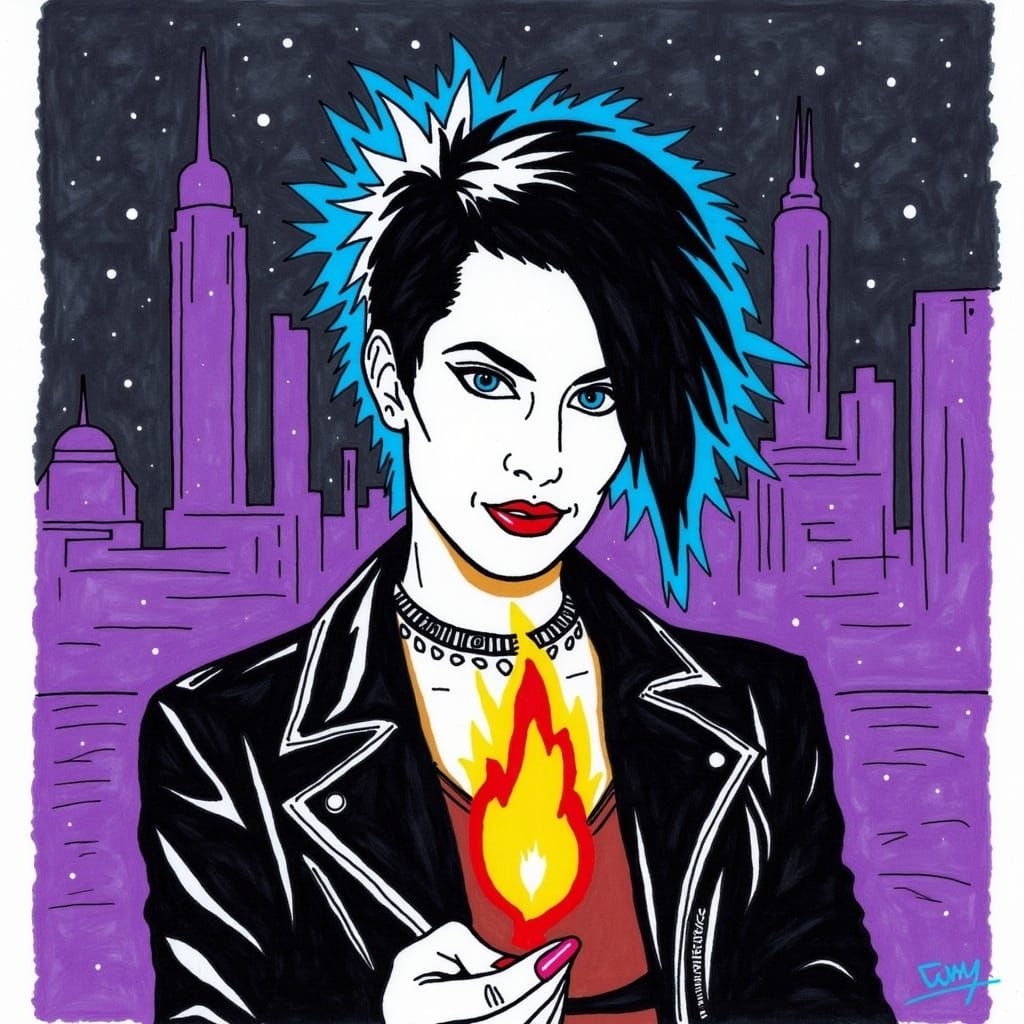 Punk Woman Ignites Flame, Patrick Nagel Style