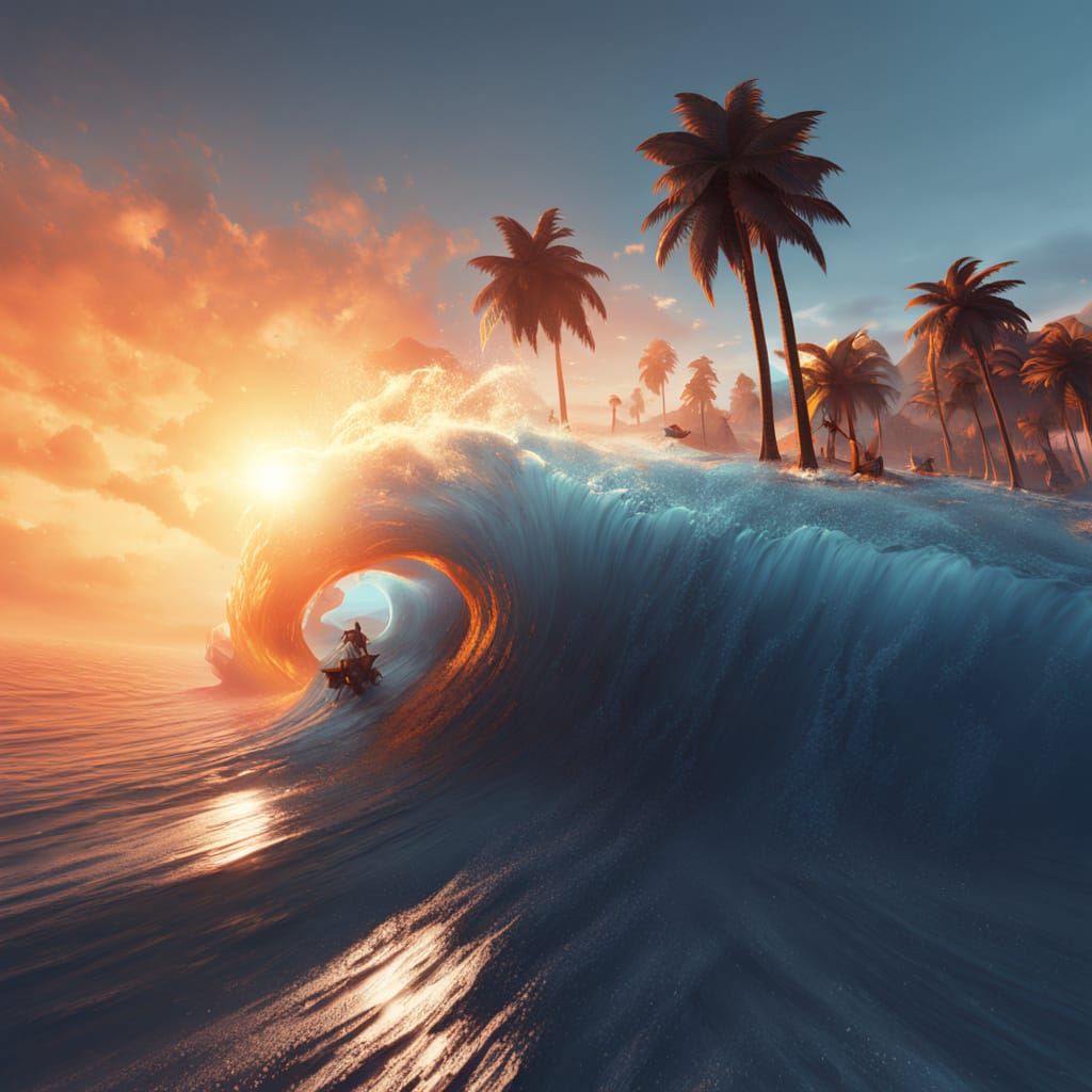 Serene Beach Sunset with Surfers Riding a Massive Wave in Vi...