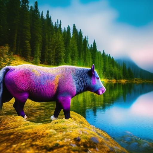 Hyper Realistic Purple Pigs playing in the Purple Rain on a Lake.