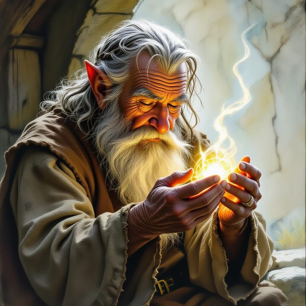 Hobbit Intently Examines Ring with Ethereal Glow