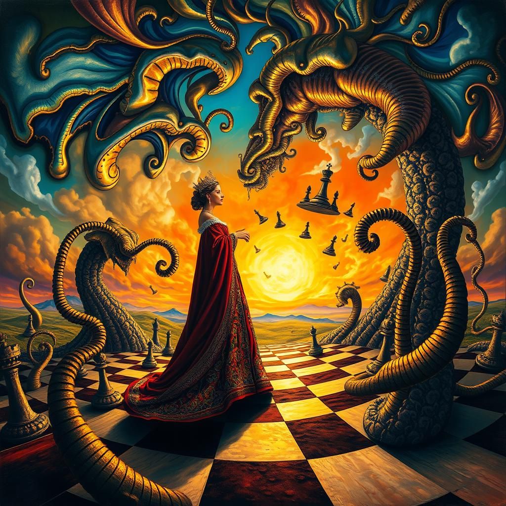 Surreal Chess Queen in Distorted Landscape