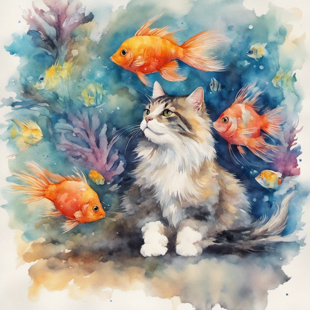 Cat Watching Fish in Vivid Watercolour Style