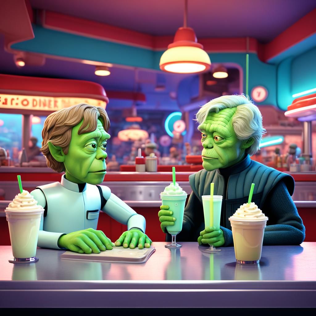 Yoda and Luke Skywalker at a 50s diner drinking milkshakes