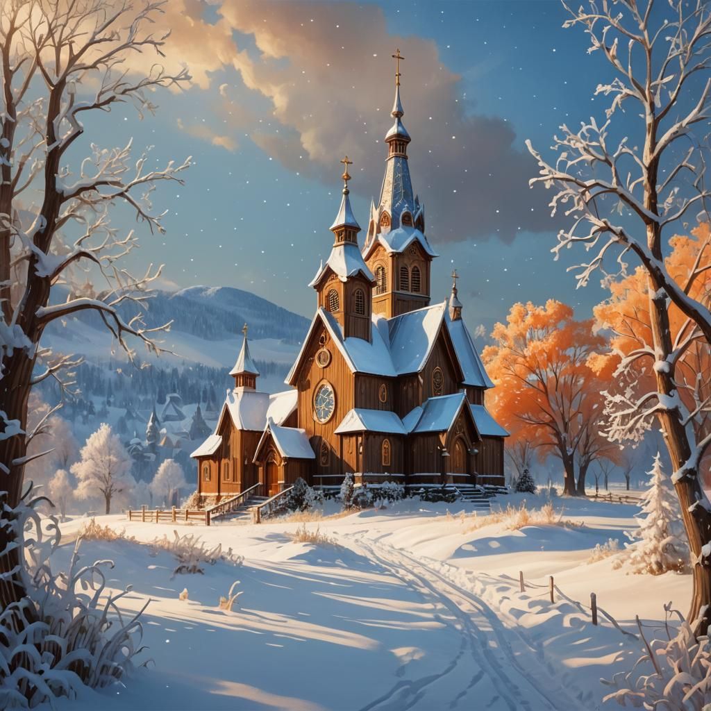 Snowy Country Church Bells Ringing: Digital Art