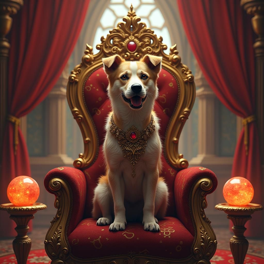 Regal Dog Queen on Golden Throne in Fantasy Kingdom