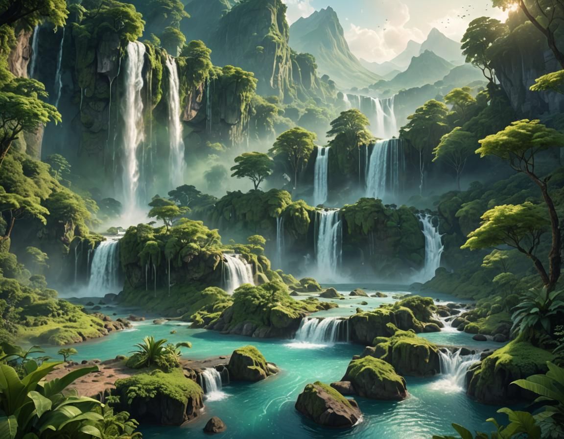 Floating Island Landscape with Waterfalls in Digital Paintin...