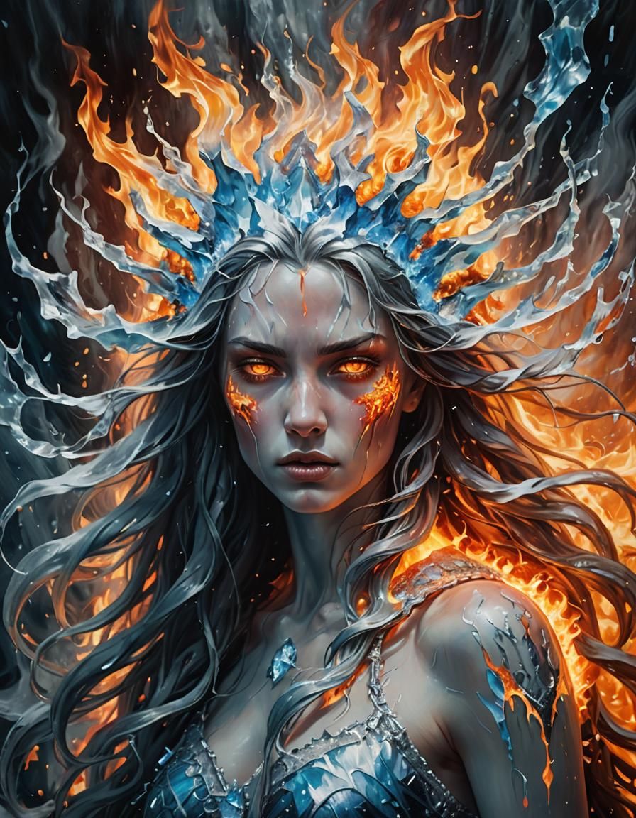 Goddess of Ice and Fire in Surreal Style
