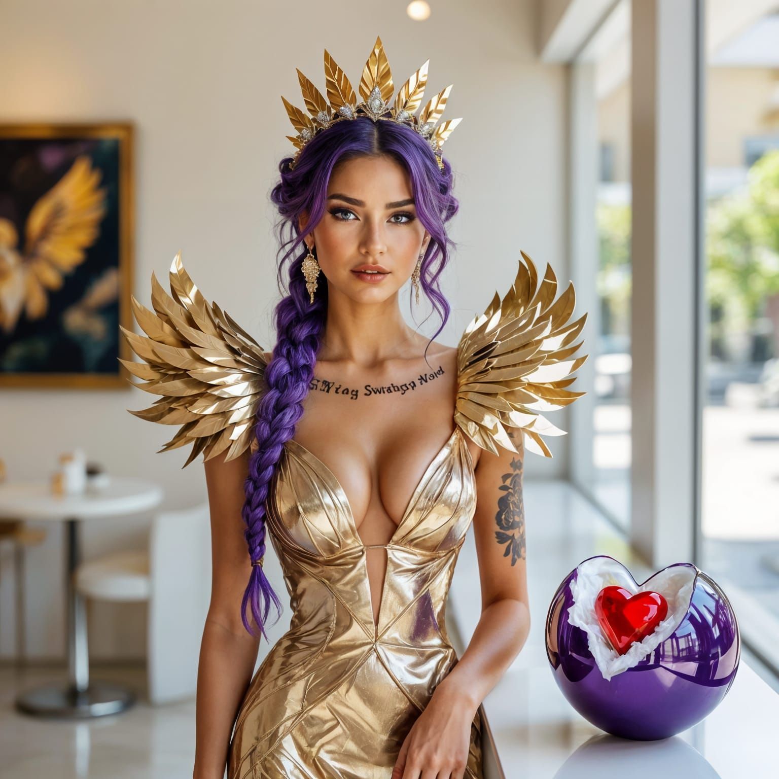 Glamorous Woman with Metallic Gold Winged Gown