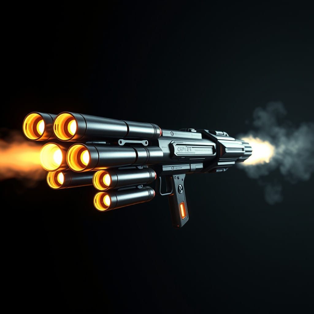 Cyberpunk Firearm with Rocket Boosters Blasts Off in a Fiery...