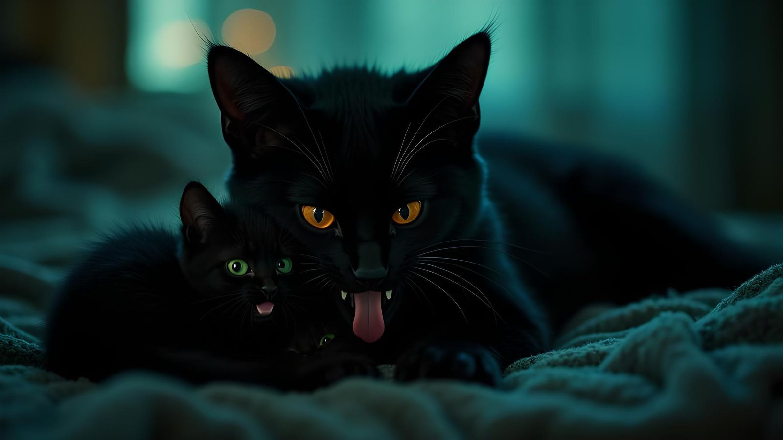 Fierce Black Cat Protecting Kittens: Hyperrealistic Thriller