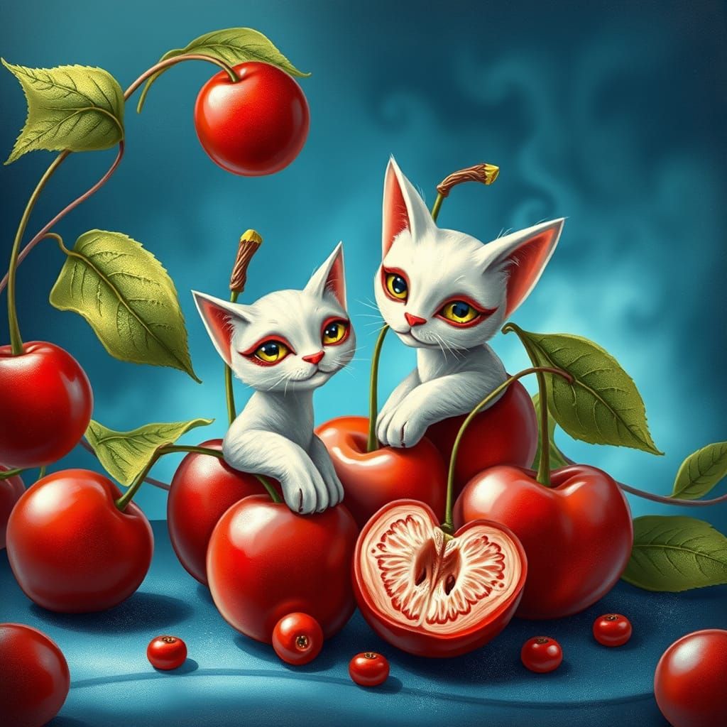 Whimsical Cherry Feline Still Life in Dreamy Gradient Blue
