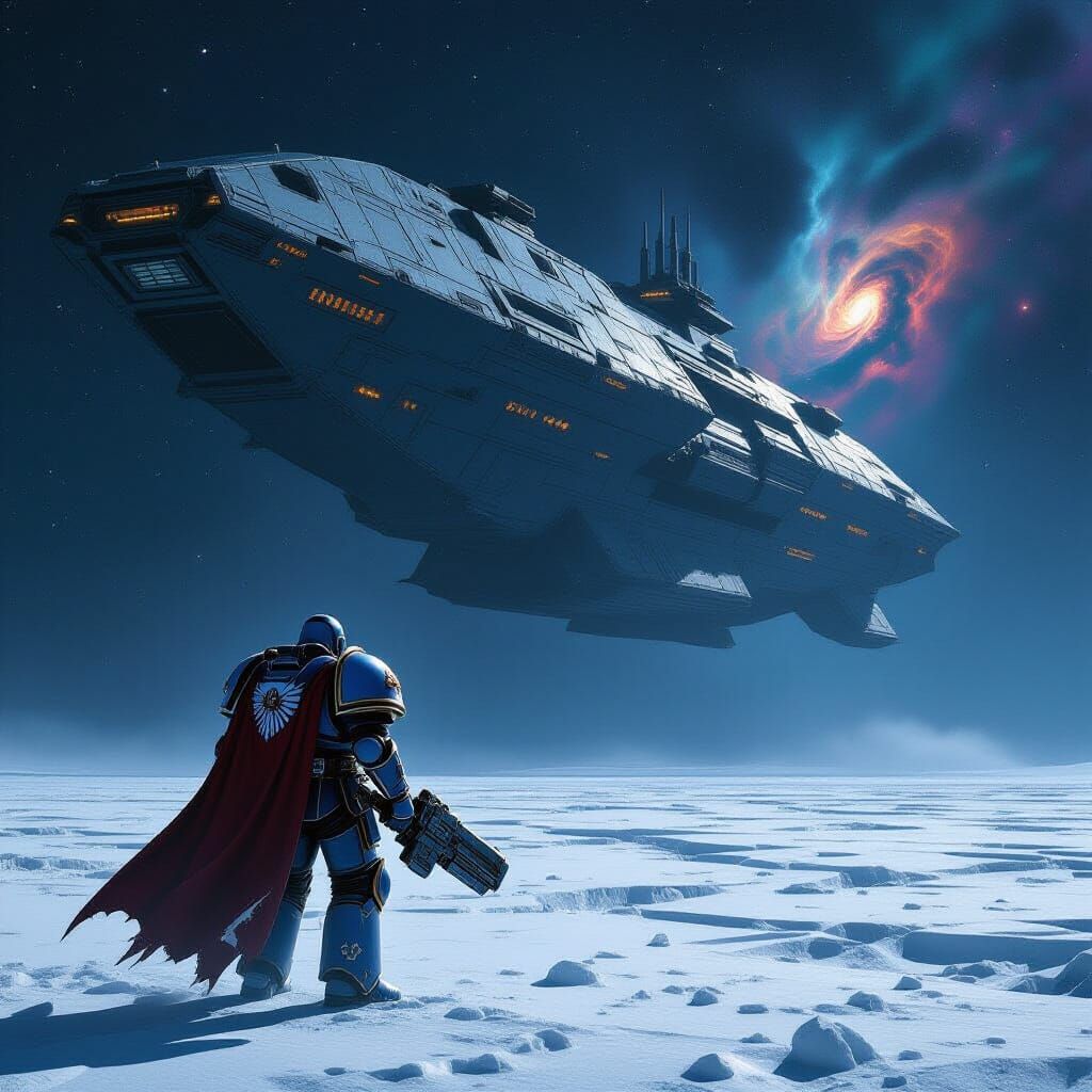 Space Marine Adrift Near Giant Void Ship