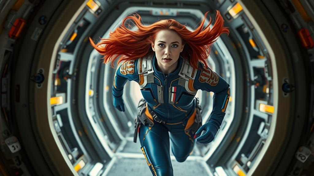 Woman in Flight Suit Approaching Spaceship Door