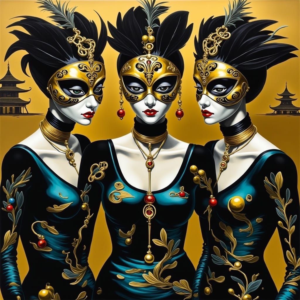 Symmetrical Masquerade Scene in Golden Leaf Ambiance