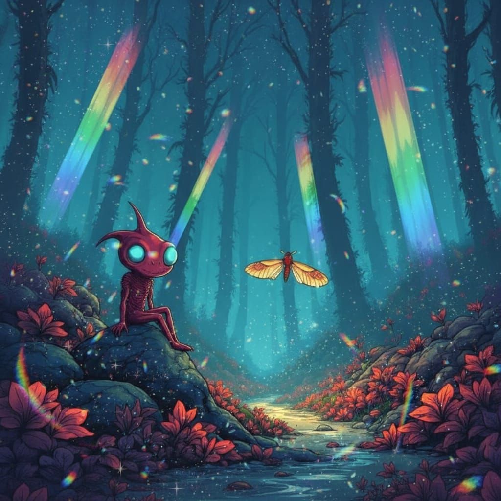 Alien in Bioluminescent Forest, Dark Fantasy Cartoon