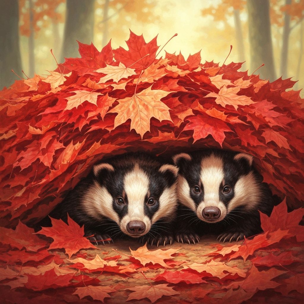 European Badgers Emerge From Autumn Maple Leaves