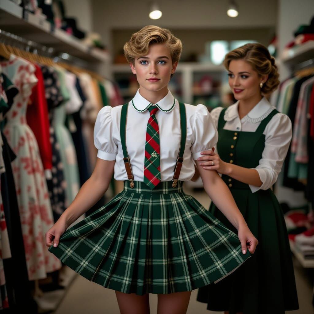 Man in School Uniform in Dress Shop: Film Still