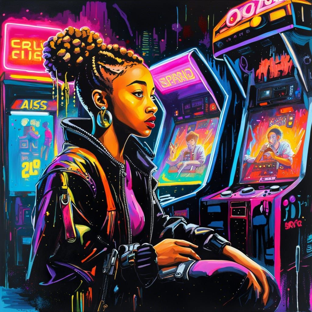 Cybergoth Woman in Cyberpunk Arcade Scene