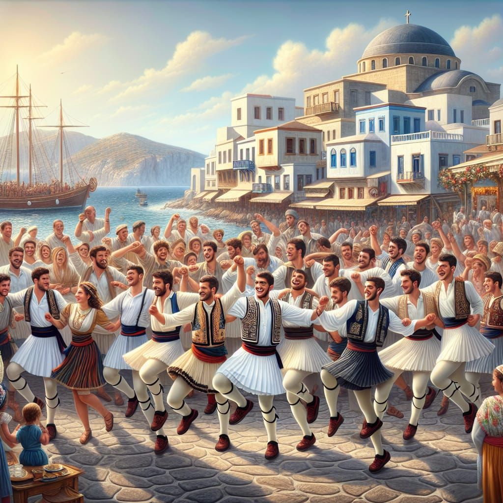 Young greek men dancing sirtaki
