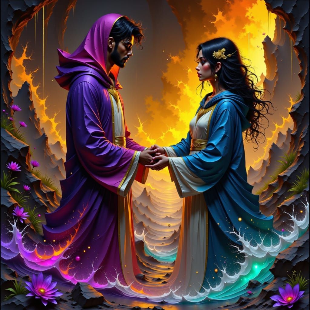 Couple Embracing Elements in Surreal Fantasy Style