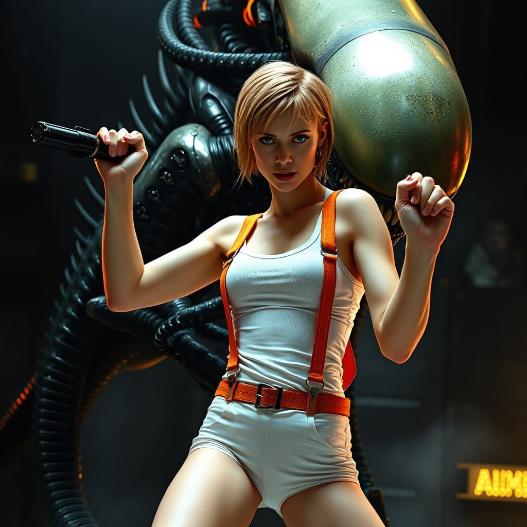 Full Body 3d realistic Photo Milla Jovovich as 5th Element Leeloo dressed in white t-shrit and orange 
Suspenders with o...