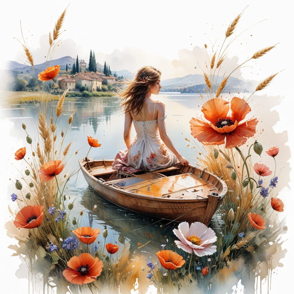 Peaceful Tuscan Lakeside Scene with Poppies and Golden Hour ...