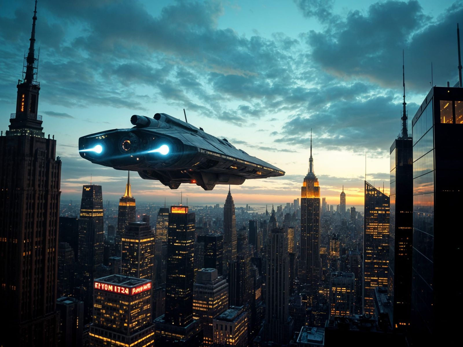 Futuristic Vessel Soars Over Iconic Manhattan Skyline