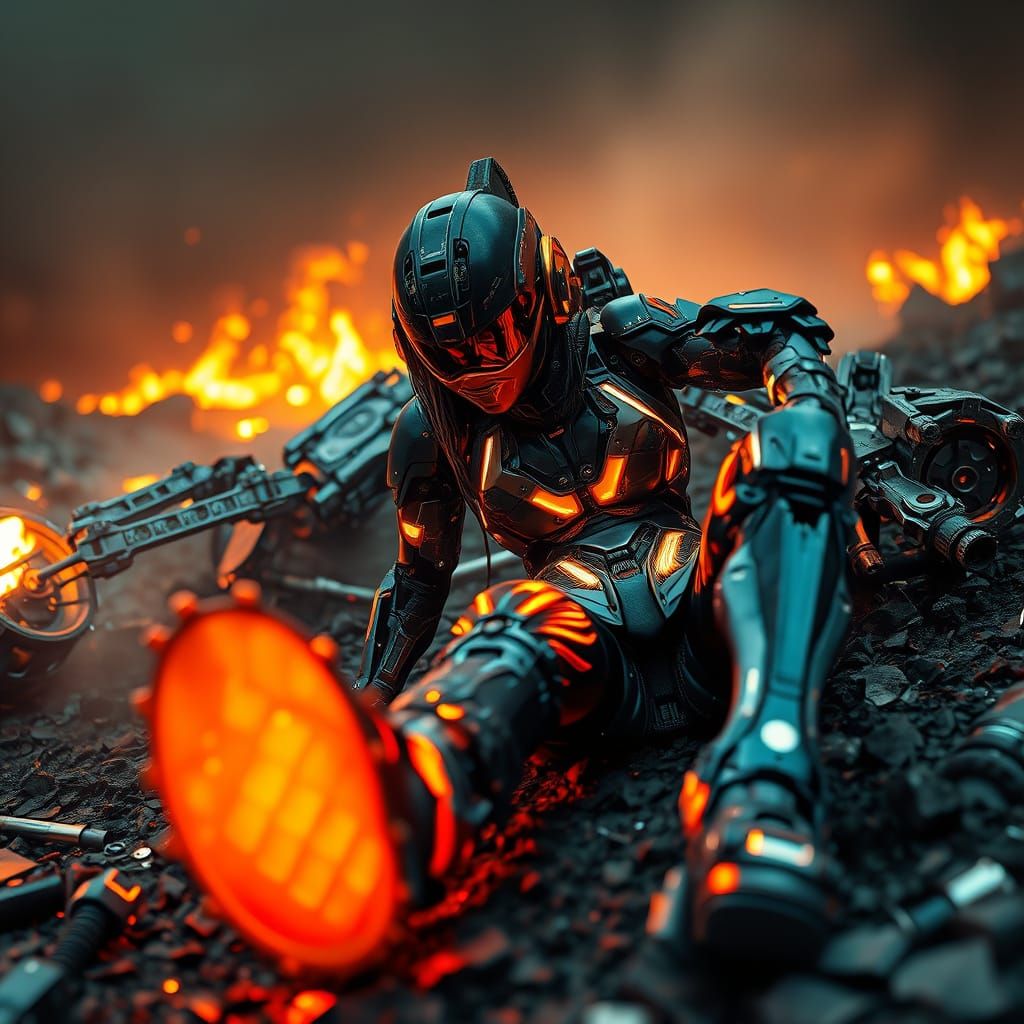 Cyberpunk Warrior on a Dystopian Battlefield