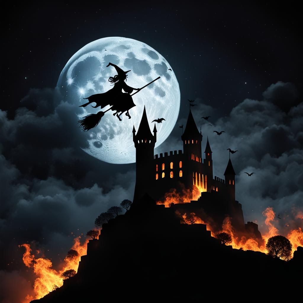 Mediterranean Castle in Flames with Witch Silhouette