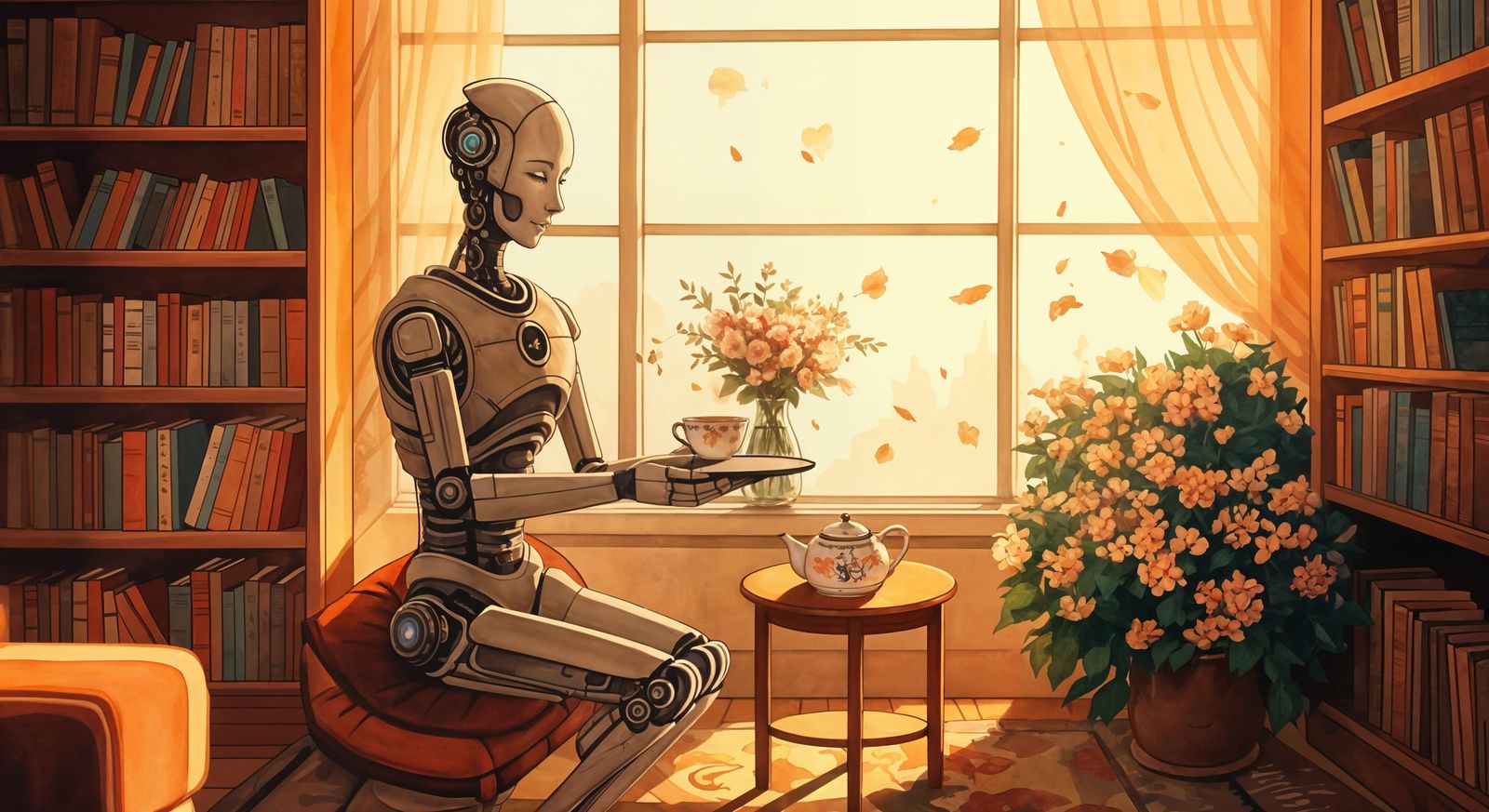 Cozy Futuristic Tea Time in Watercolor Style