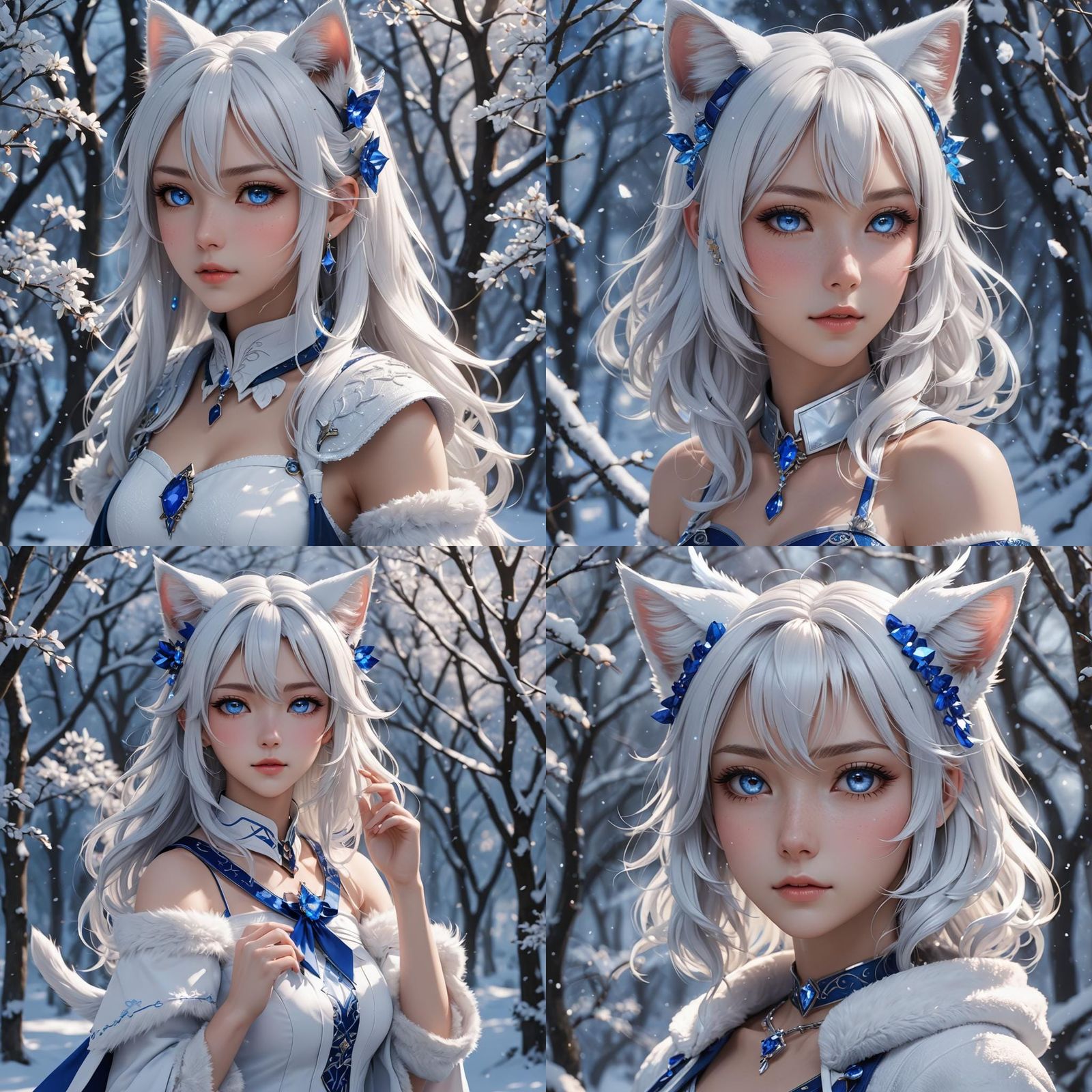 Anime Catgirl with White Hair and Blue Eyes