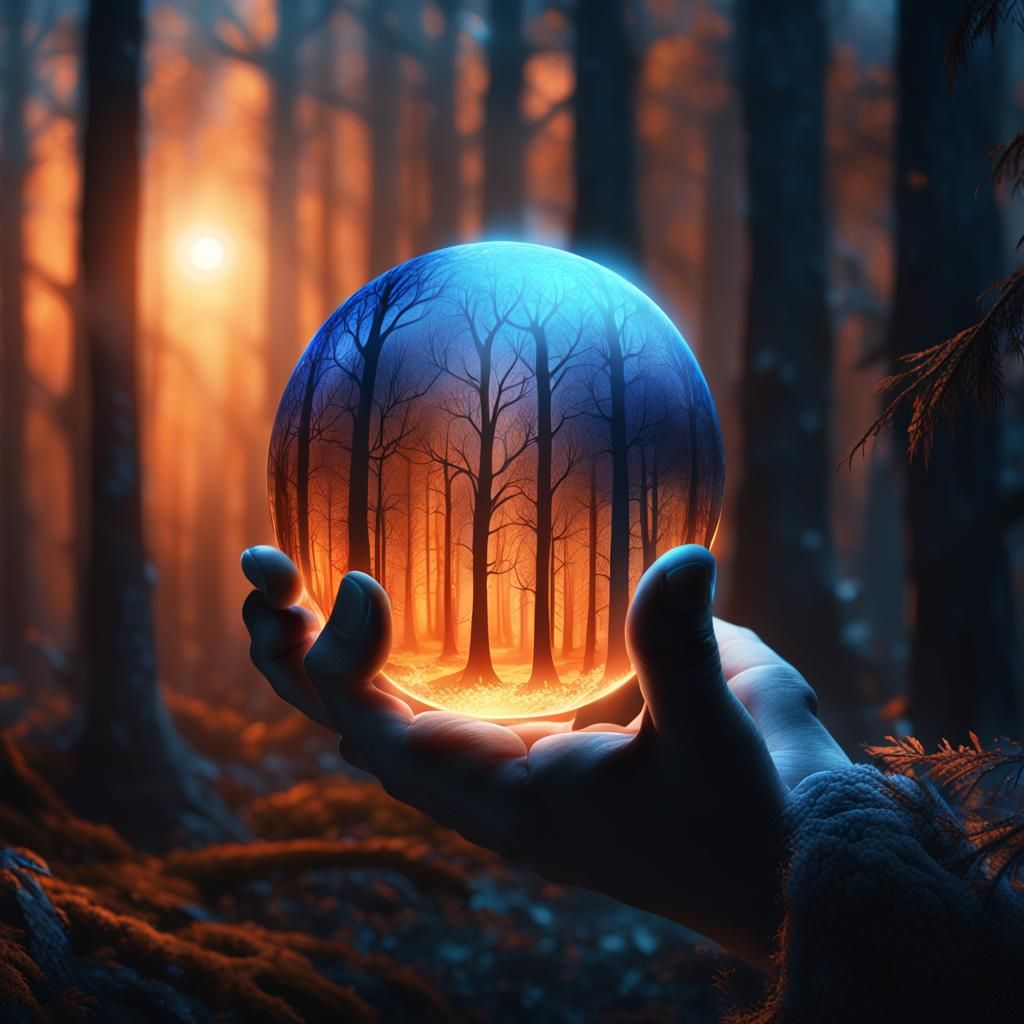 Hand Holding Glowing Orb in Dark Forest: Digital Art