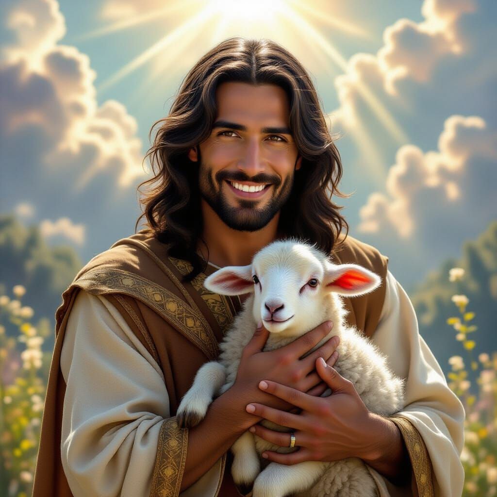 Biblical Figure With Lamb in Ethereal Light