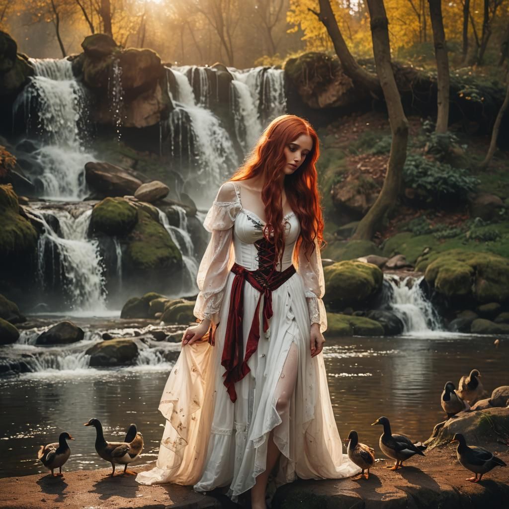 Victorian Fairytale Portrait: Red Riding Hood by Waterfall