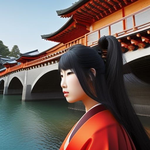 Samurai Woman with Black Hair on Bridge