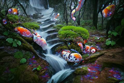Koi Waterfall in Mossy Forest, Watercolour Art