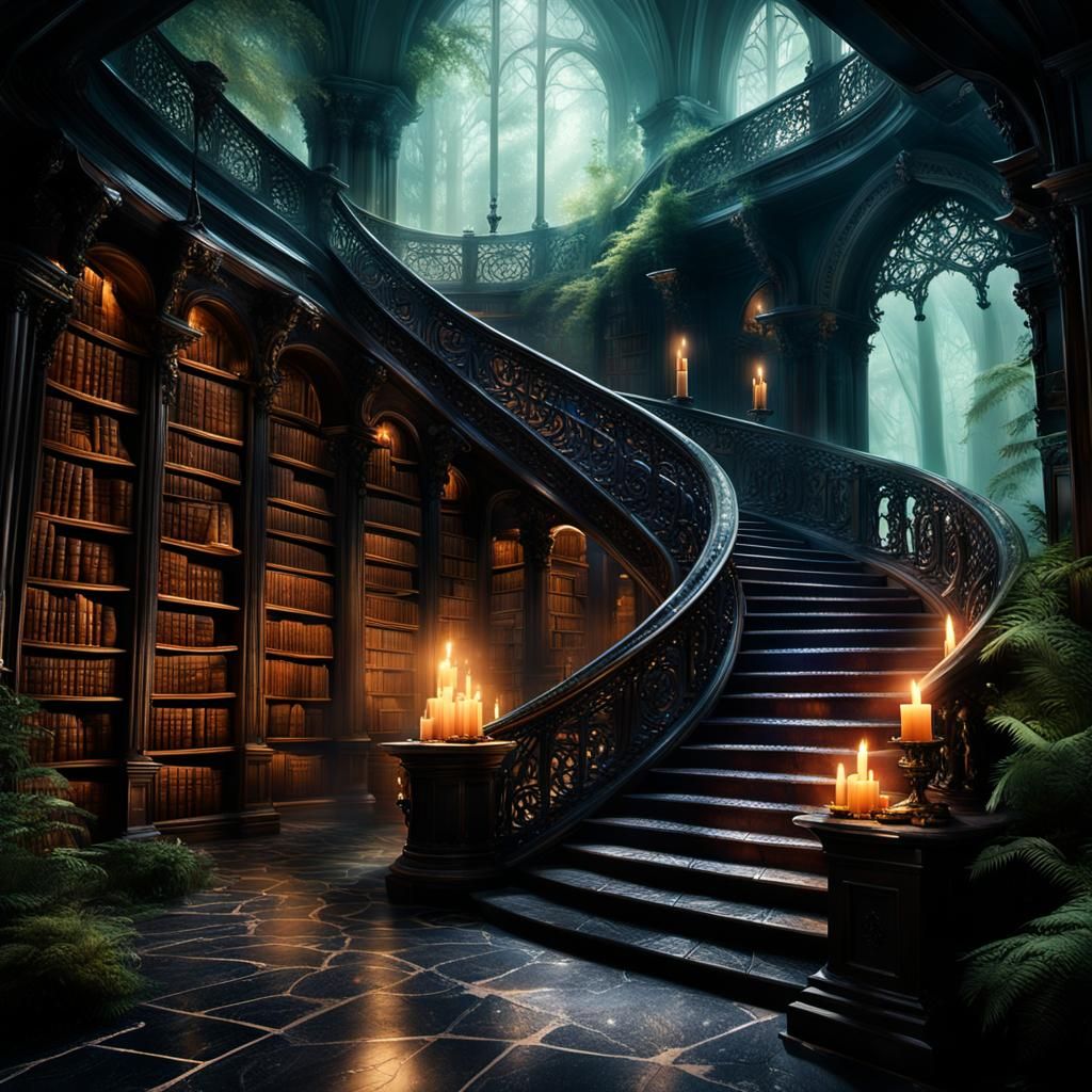Mystical Library Hidden in Misty Forest at Night