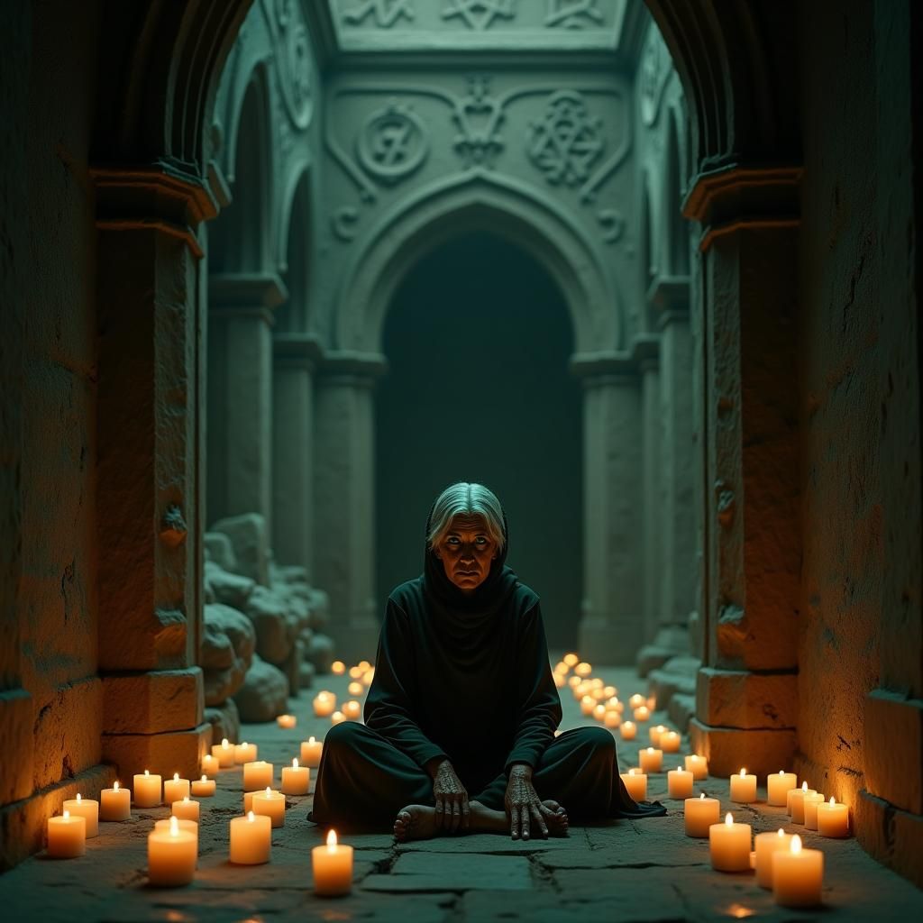 Enigmatic Old Woman in Temple Interior