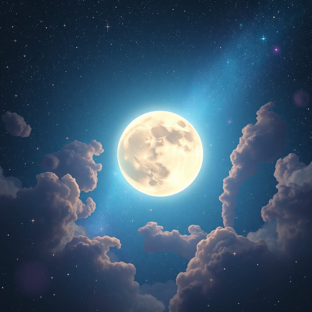 Dreamy Celestial Night Sky with Vibrant Moon and Twinkling S...