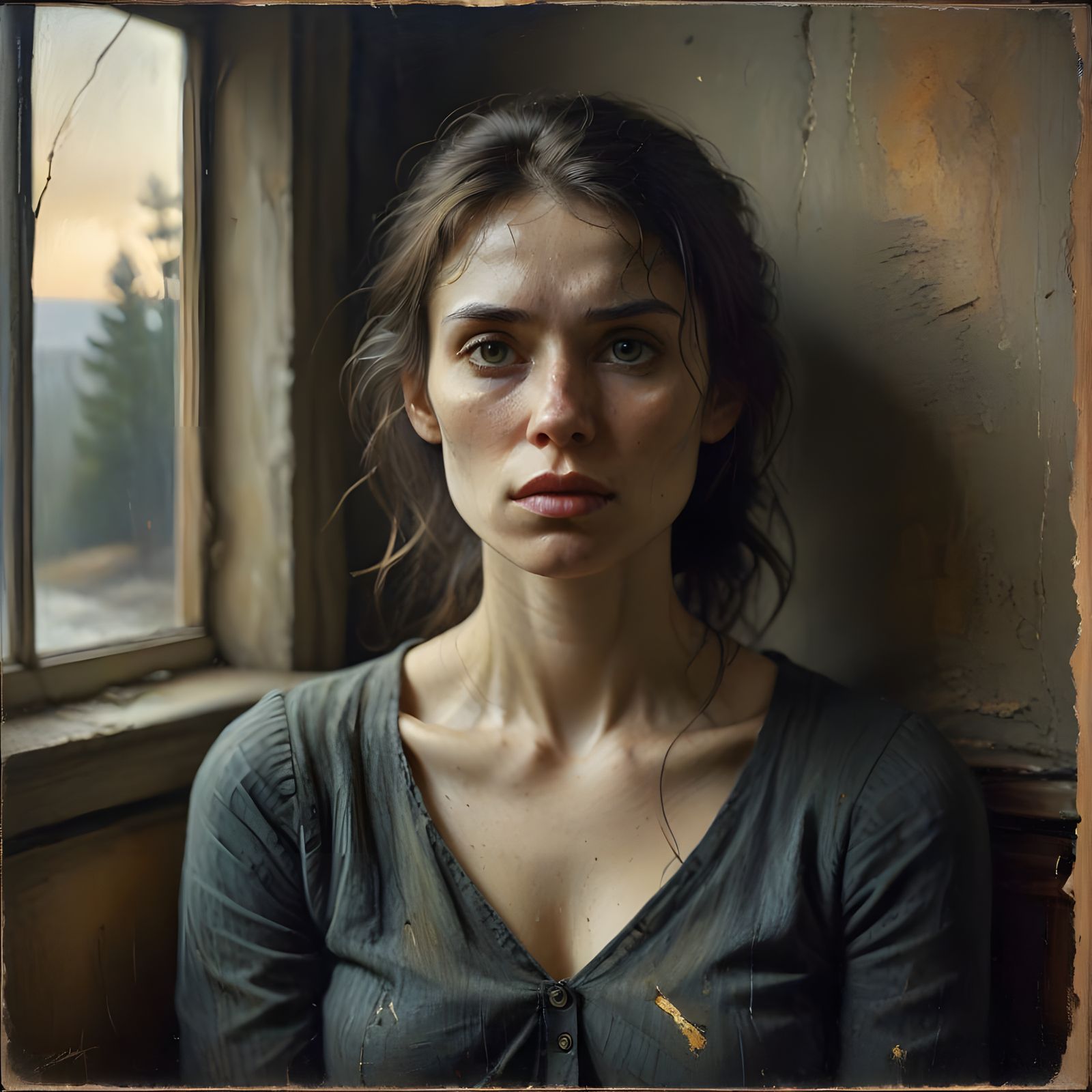 Soulful Portrait of Emotional Pain in a Cloudy Landscape