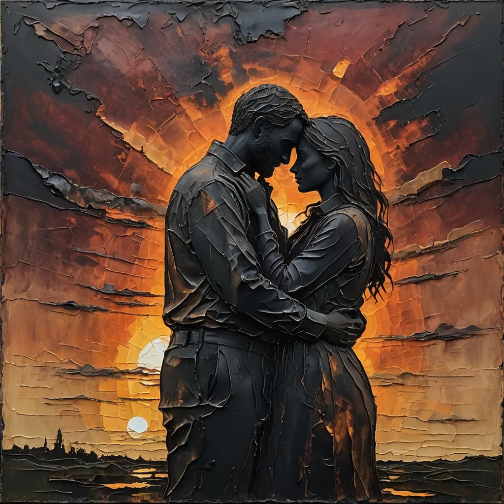 Embracing Couple in Encaustic Impasto Sunset