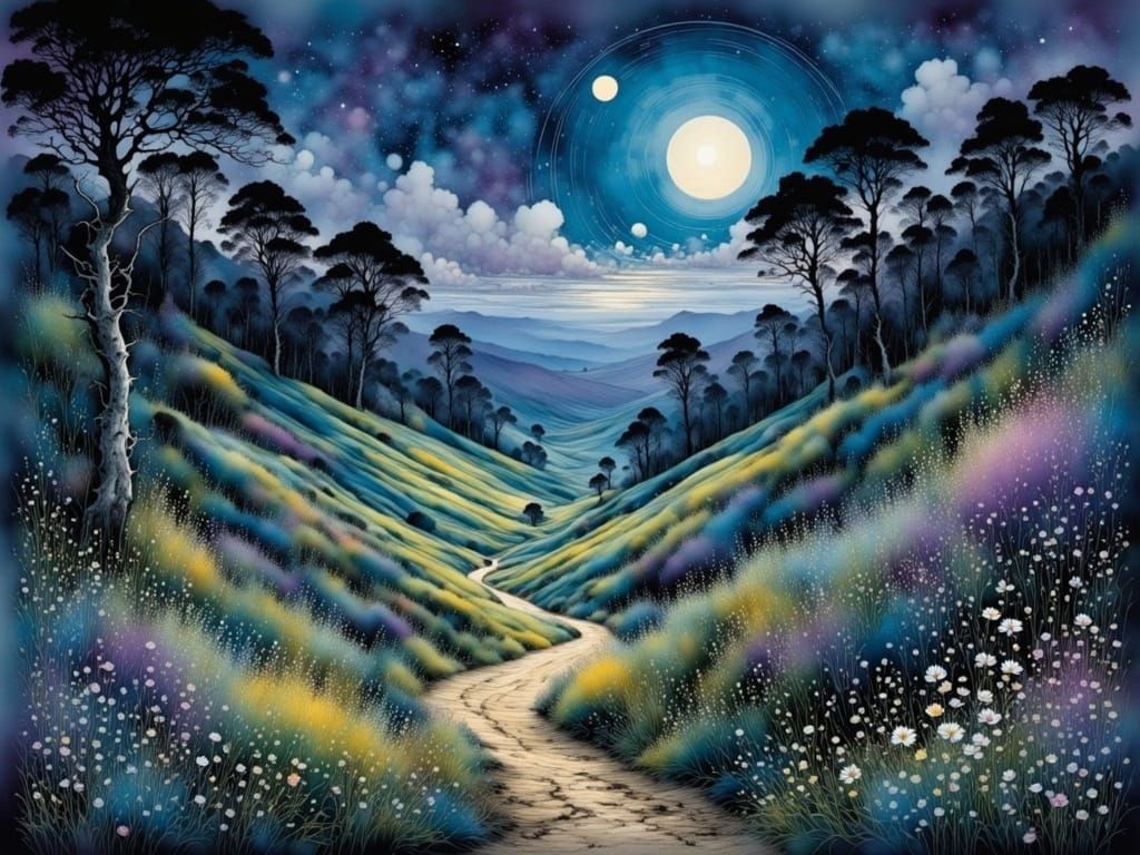 Whimsical Moonlit Landscape with Swaying Wildflowers and Eth...